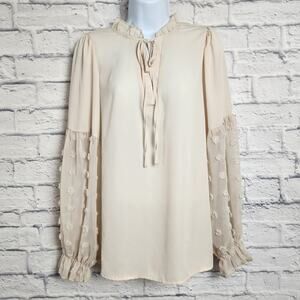 ePretty Blouse Size Medium Swiss Dot Long Sleeve Tie Front V Neck Ruffle Top